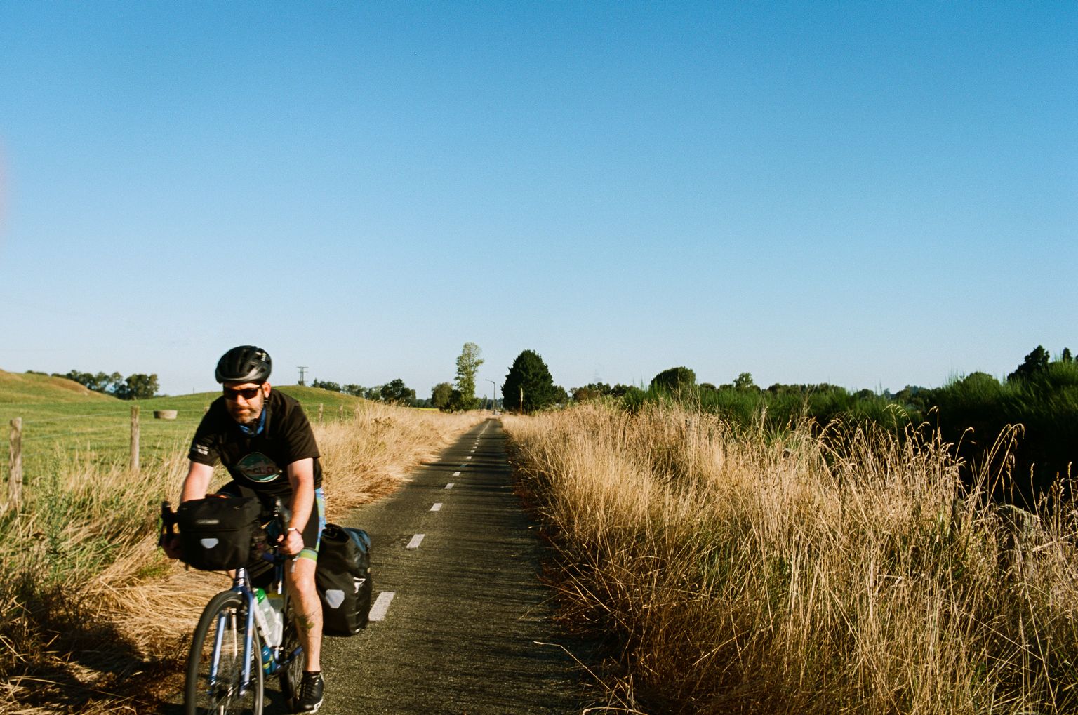 Jeb rides by on a cycle path nestled between rows of tall grass next to a green pasture in rural North Island, New Zealand.