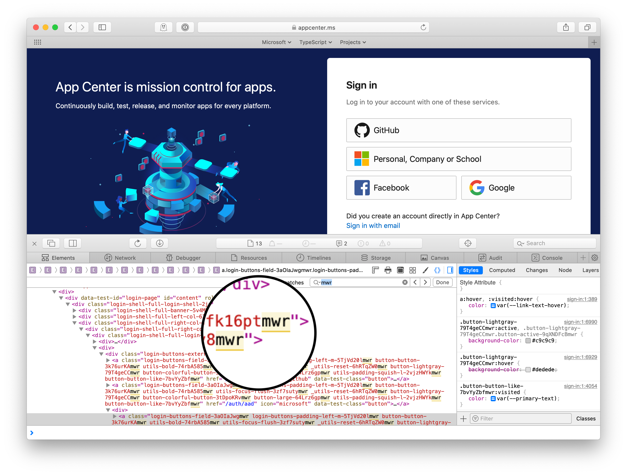 A screenshot of the App Center login page with Safari developer tools open, showing many search results in the elements panel for the string “mwr.”