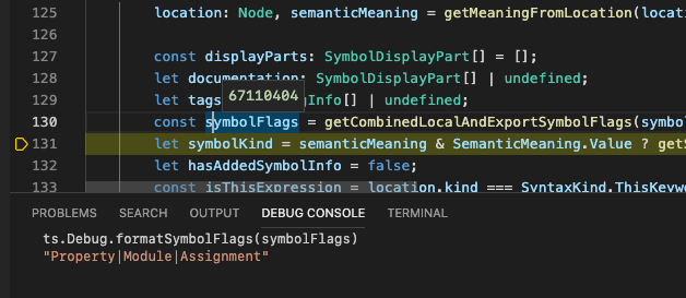 A screenshot of a VS Code debug session, paused inspecting a variable `symbolFlags`, which is a long, inscrutable number. The debug console is open showing the user typed the command, `ts.Debug.formatSymbolFlags(symbolFlags)`. The evaluation shows the string value `Property|Module|Assignment`.