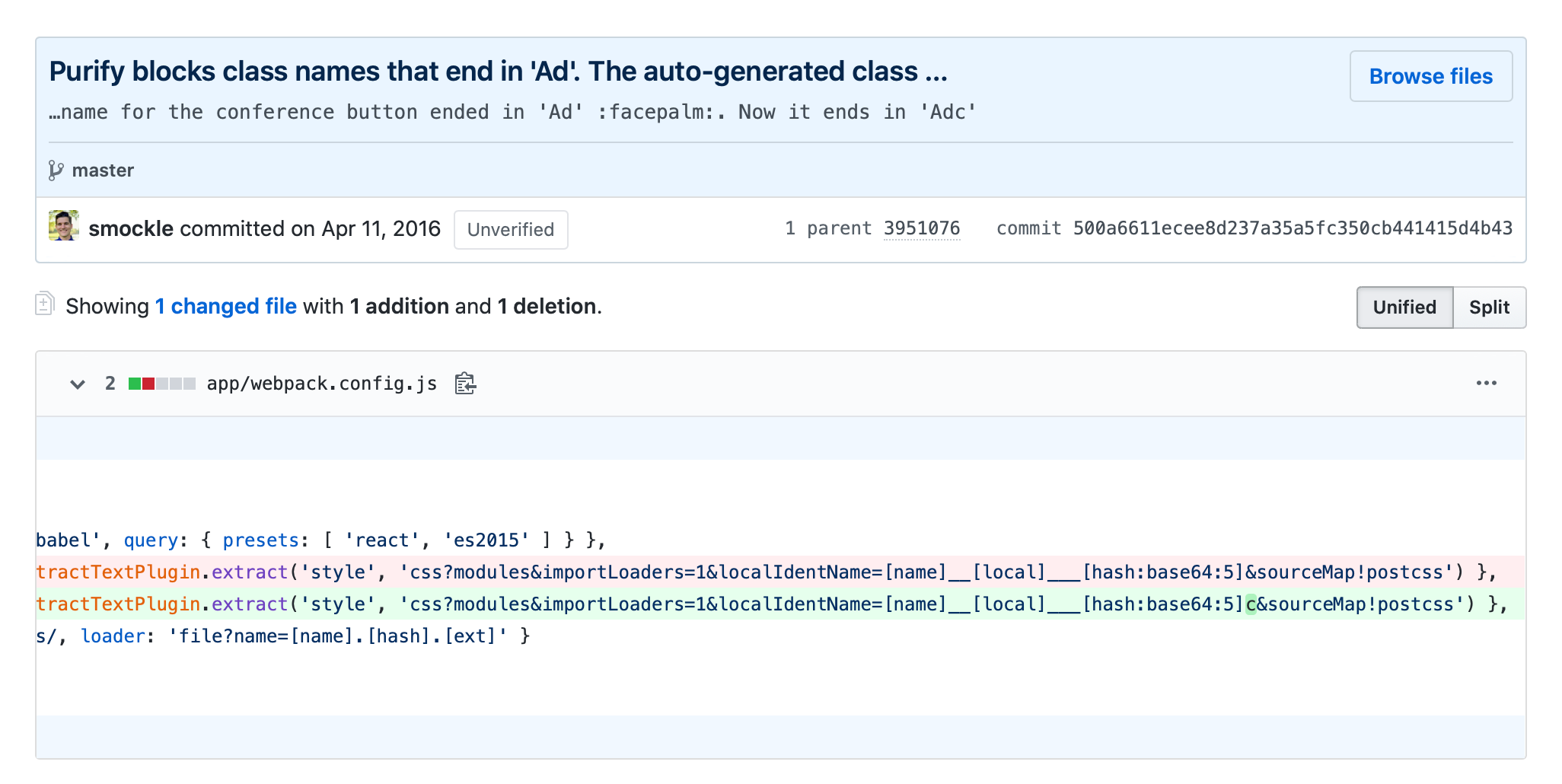 A commit displayed in GitHub showing a one-line change to the Webpack config from Clay, with the commit message “Purify blocks class names that end in 'Ad'. The auto-generated class name for the conference button ended in 'Ad' :facepalm:. Now it ends in 'Adc'.”